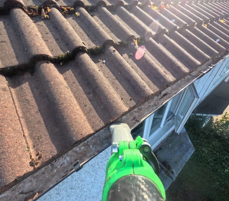 Gutter cleared of leaves after cleaning, concrete tile roof