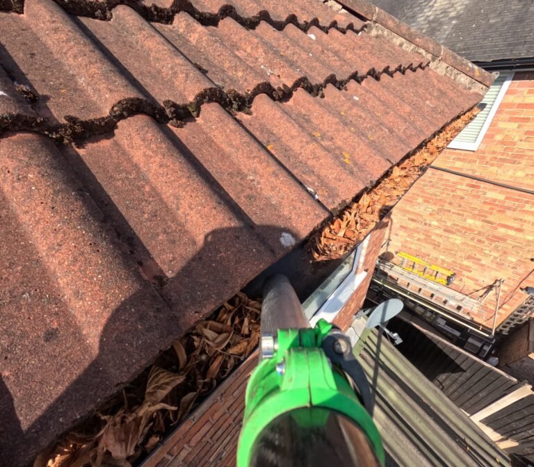 Gutter full of leaves and moss before cleaning, concrete tile roof, GoPro footage